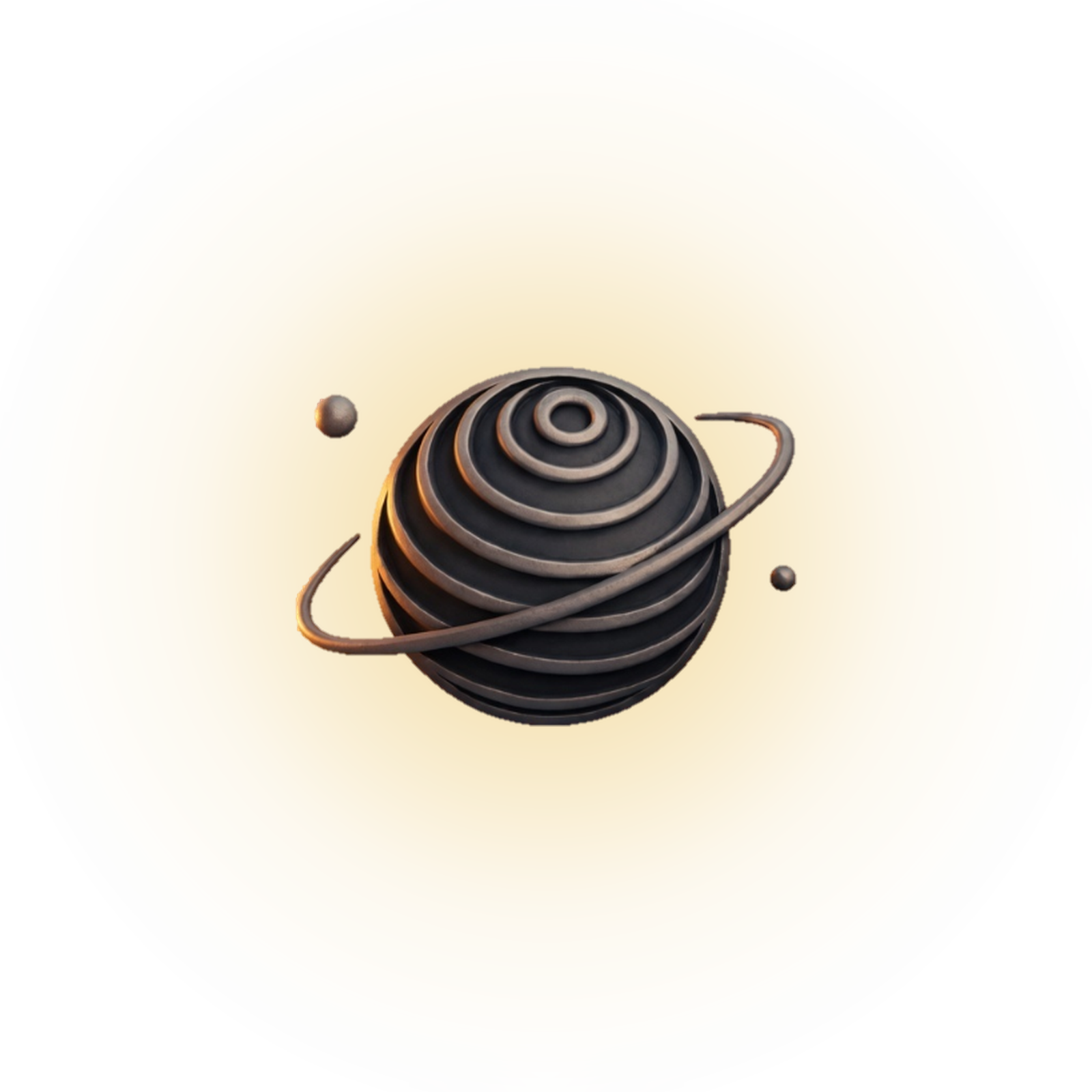 The Minarvis orb — a steel-blue sphere with two nodes in orbit, hazed in gold